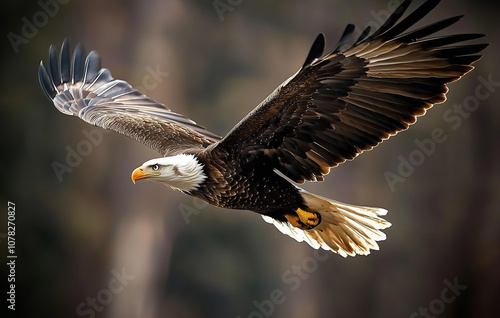 Aquila dalla testa calva in volo con sullo sfondo sfocata la bandiera americana. Patriottismo. Stati Uniti d'America. USA.