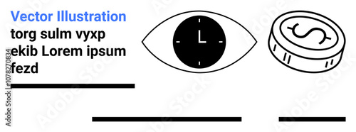 Eye with clock in center, coin with dollar sign, and horizontal lines. Ideal for finance, time management, productivity, business, investments, savings, and planning themes. Landing page