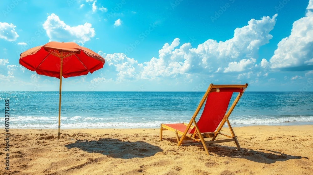 Beach umbrella and lounge chair on an empty shore, soft waves in the background Beach umbrella and lounge chair on an empty shore, soft waves in the background