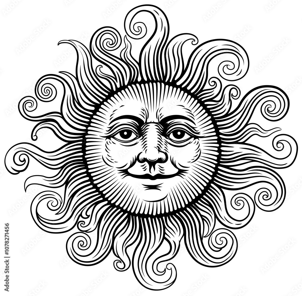 Fototapeta premium Illustration of a sun with a human face. Original illustration in a vintage retro engraving woodcut style.