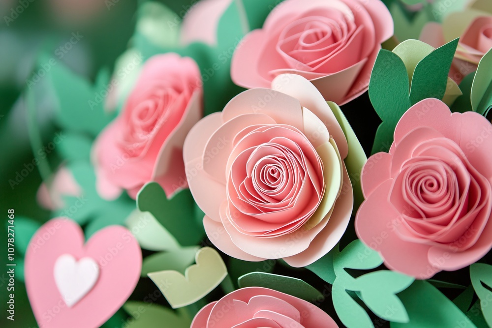 Beautifully Crafted Paper Roses in Soft Pink and Green Surrounding Leaves, Perfect for Decorations, Gifts, and Creative Projects Featuring Delicate Floral Details Beautifully Crafted Paper Roses in Soft Pink and Green Surrounding Leaves, Perfect for Decorations, Gifts, and Creative Projects Featuring Delicate Floral Details