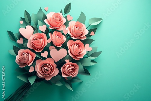 Beautiful Paper Flower Bouquet with Heart Shapes on a Teal Background for Celebrations, Gifts, and Decorations in Vintage and Modern Styles