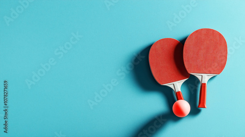 Two red ping pong paddles with a ball resting on a blue textured surface.