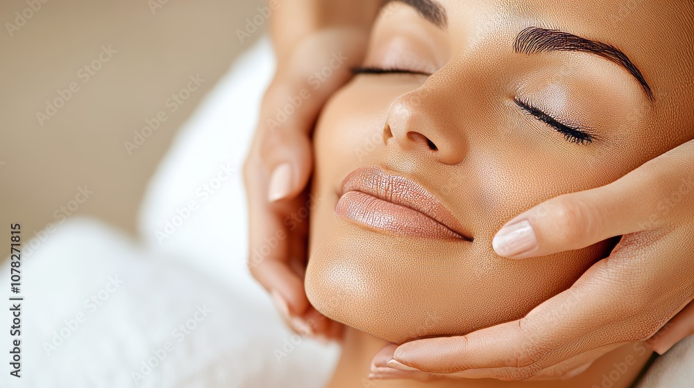 A serene woman receiving a soothing facial massage, highlighting skincare and relaxation in a spa setting. A serene woman receiving a soothing facial massage, highlighting skincare and relaxation in a spa setting.