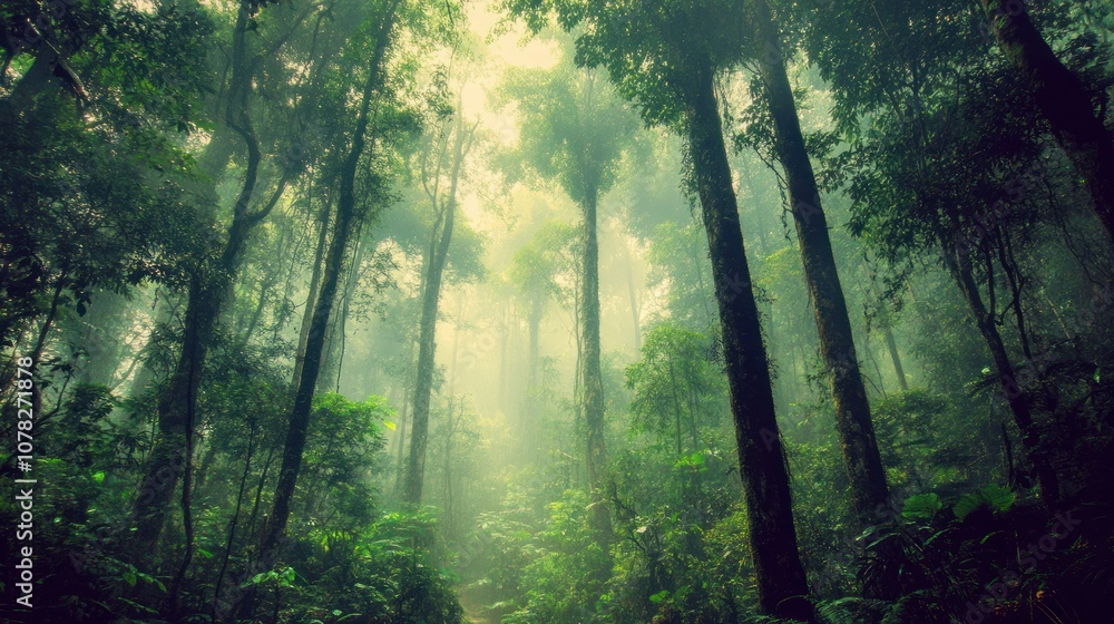 A misty forest path leads through dense, lush greenery, sunlight filtering through the canopy. A misty forest path leads through dense, lush greenery, sunlight filtering through the canopy.