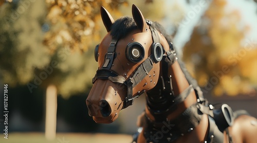 Close-up of a robotic horse head, showcasing intricate metal details and futuristic design elements in an outdoor setting. photo