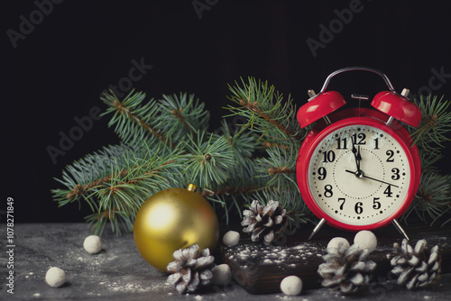 Red retro alarm clock with fir branches and a Christmas tree toy. The clock shows a few minutes until New Year. photo