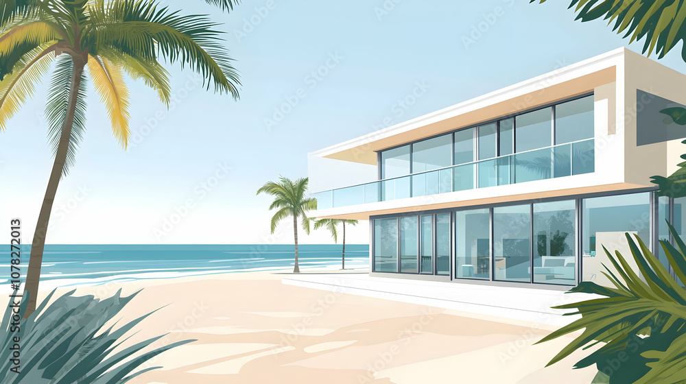 Fototapeta premium Modern beachfront house with palm trees and ocean views.