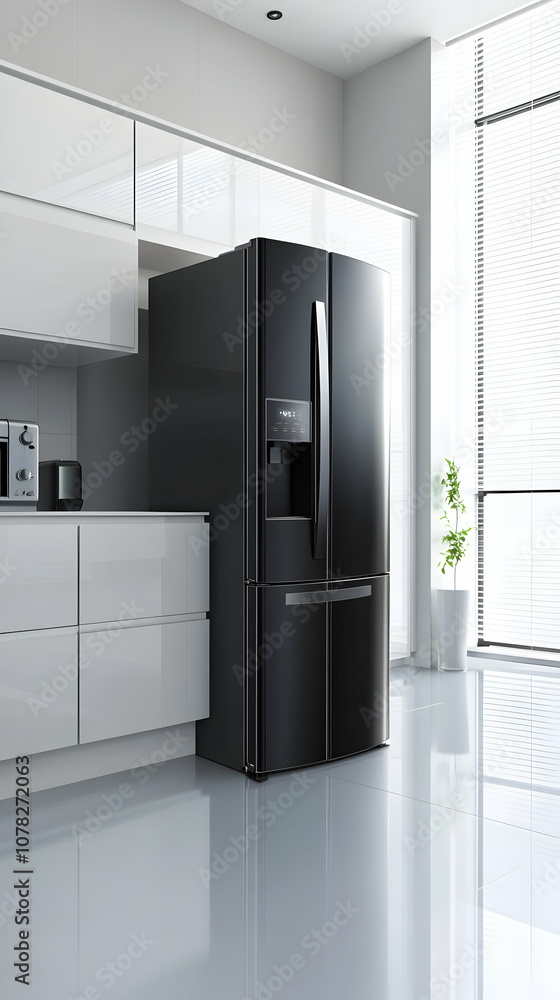 Modern black refrigerator in a minimalist kitchen. Modern black refrigerator in a minimalist kitchen.