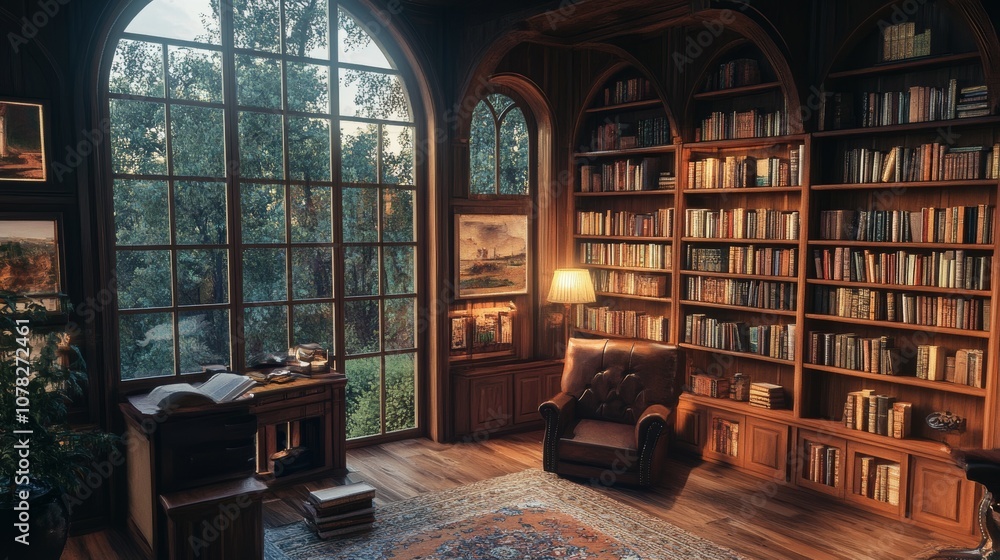 Warm and inviting library with tall windows, leather armchair, and wooden bookshelves filled with books; perfect for reading. Warm and inviting library with tall windows, leather armchair, and wooden bookshelves filled with books; perfect for reading.