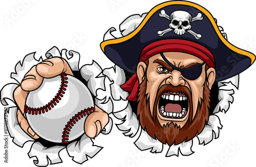 A Pirate man holding Baseball ball sports team cartoon charcater mascot illustration.