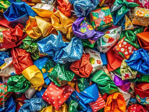Vibrant and Colorful Holiday Christmas Crumpled Wrapping Paper Background Ideal for Festive Decorative Themes and Seasonal Celebrations in Stock Photography Collections