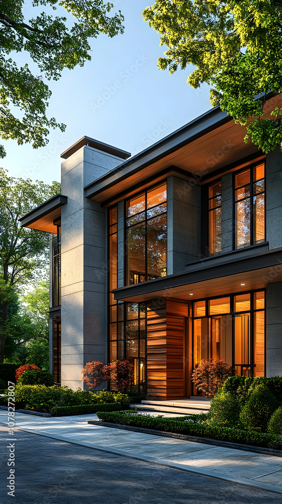 Obraz premium Modern house with large windows, a wooden door, and a driveway.