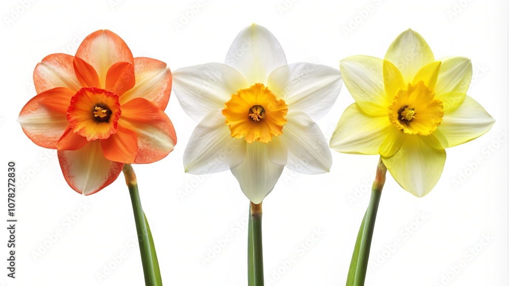 Vibrant Display of Three Isolated Colorful Daffodils on a White Background for Nature and Floral Photography Vibrant Display of Three Isolated Colorful Daffodils on a White Background for Nature and Floral Photography