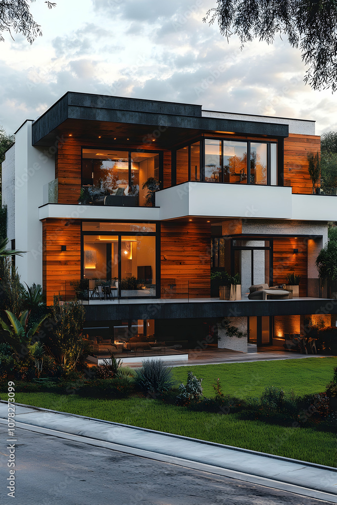 Modern house with wood siding, large windows, and a grassy lawn. Modern house with wood siding, large windows, and a grassy lawn.