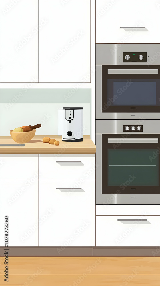 Fototapeta premium Modern kitchen countertop with a toaster, a bowl of fruit, and a double oven.