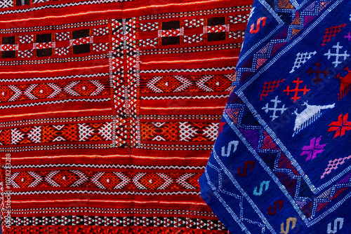 Background. Oriental patterns. Colorful Berber carpets for sale.   Morocco