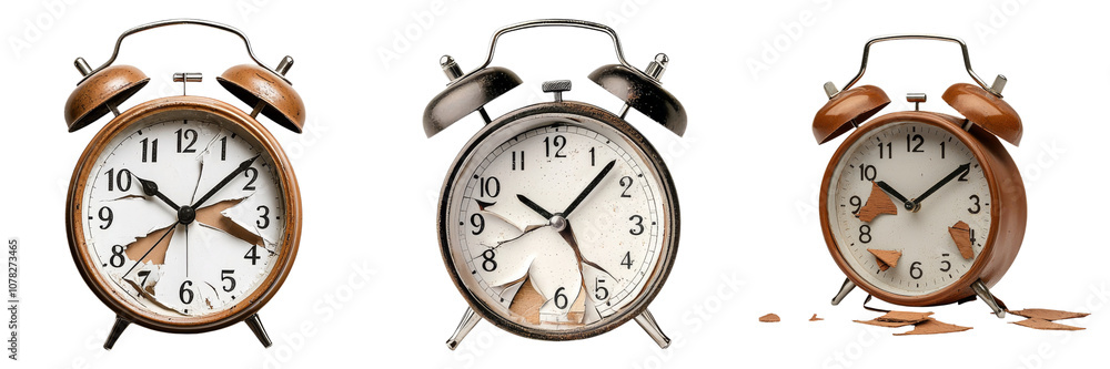 Three distinct alarm clocks with traditional designs showcasing different times, featuring white dials and prominent hour markers. Three distinct alarm clocks with traditional designs showcasing different times, featuring white dials and prominent hour markers.