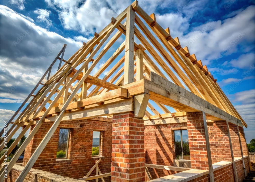 Obraz premium Vintage Style Photography of A-Frame Timber Roof Truss During House Construction Featuring AAC Block Walls, Rough Window Opening, Reinforced Brick Lintel, and Scaffolding