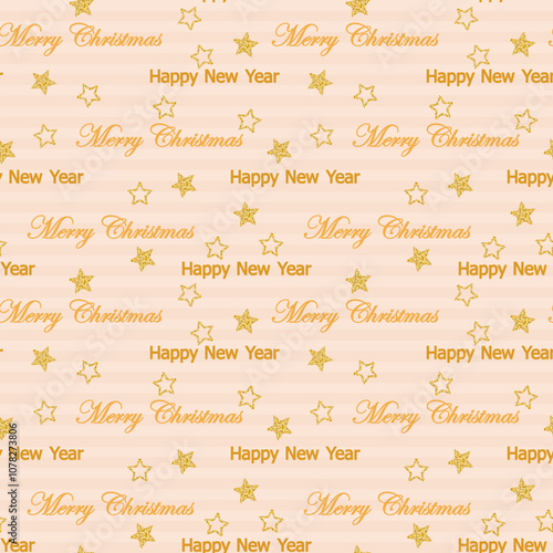 Christmas seamless background. An endless light striped backdrop with golden sparkling stars and the text Merry Christmas and New Year. vector illustration for backing, wallpaper, packaging, fabric photo