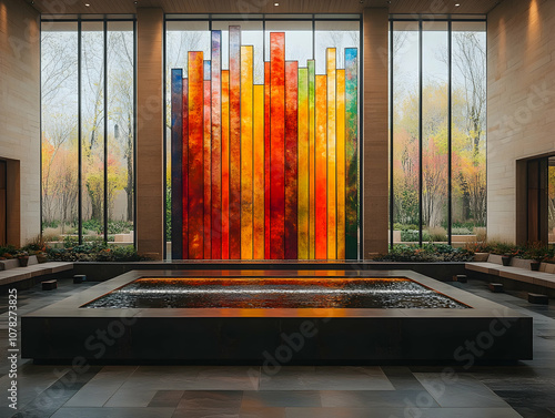 Modern lobby interior with colorful stained glass art, water feature, and large windows.