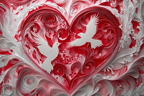 Exquisite Paper Art Featuring Red and White Heart Design with Doves, Captivating Swirls and Floral Elements in Layered Craftsmanship for Romantic Themes