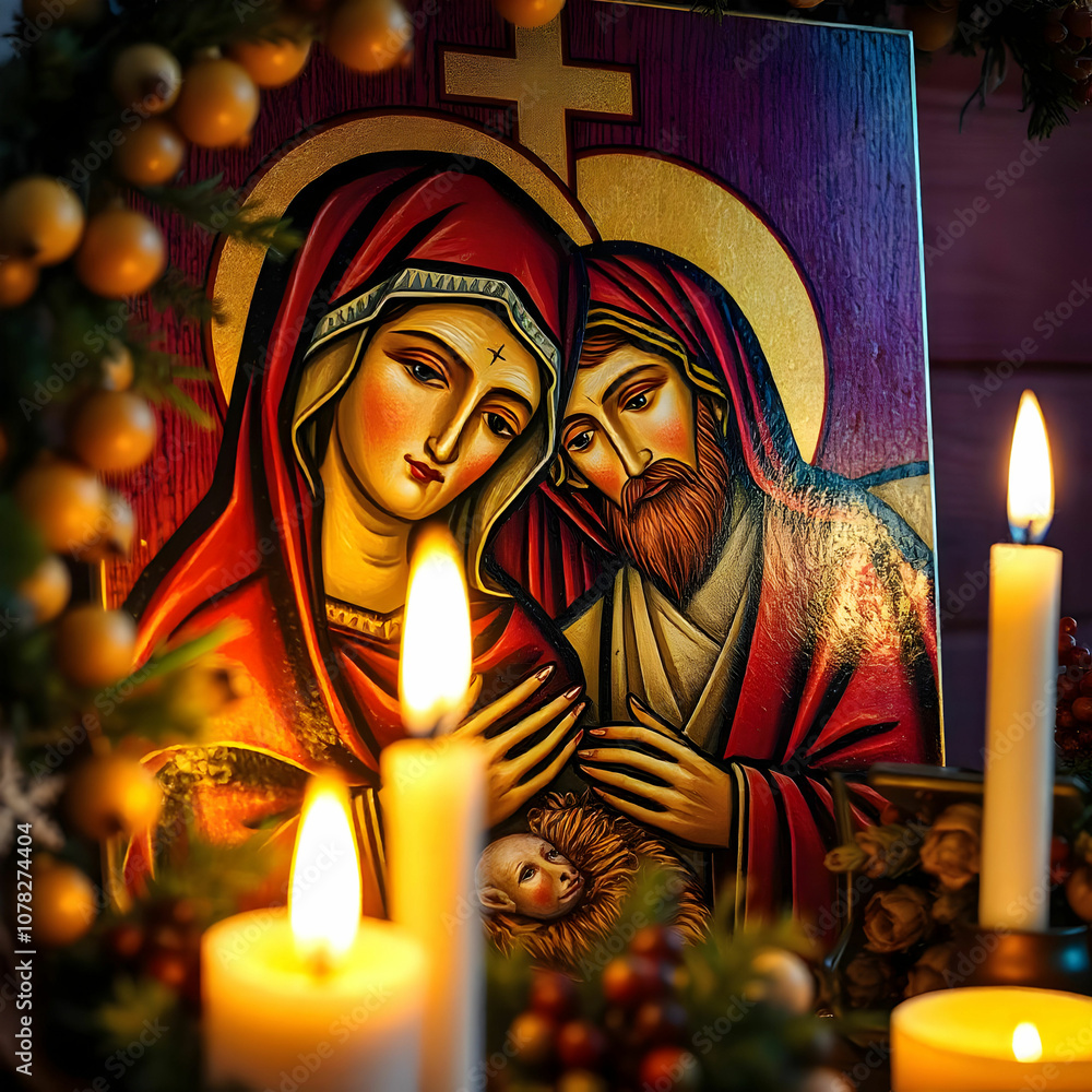 A close-up of a hand-painted Orthodox icon depicting the Nativity scene, surrounded by Christmas garlands and candles, A close-up of a hand-painted Orthodox icon depicting the Nativity scene, surrounded by Christmas garlands and candles,