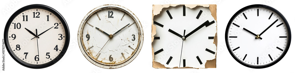 Four distinct clocks displaying various styles and conditions, featuring different face designs and time indicators. Four distinct clocks displaying various styles and conditions, featuring different face designs and time indicators.