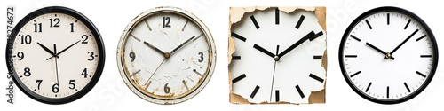 Four distinct clocks displaying various styles and conditions, featuring different face designs and time indicators.