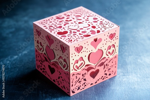 Decorative Heart-Shaped Paper Box with Intricate Cut-Out Design, Ideal for Gifts, Celebrations, or Storage, Beautifully Crafted in Soft Pink and Red Hues