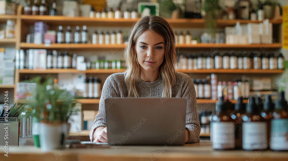 Small business owner checking inventory levels on a laptop. Small business owner checking inventory levels on a laptop.