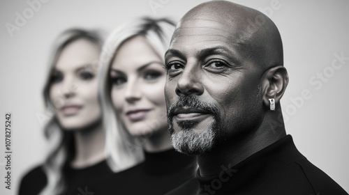 Group Portrait Featuring Three Stylish Individuals with Distinctive Hairstyles and Expressions in Monochrome Setting