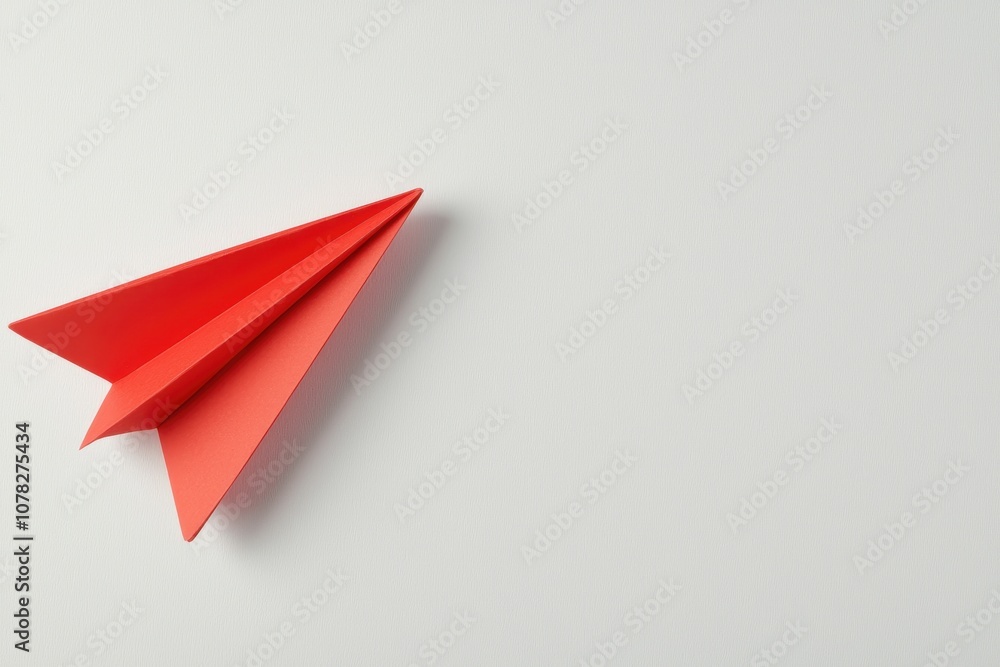 A bright red paper airplane on a clean white background symbolizes creativity and fun. A bright red paper airplane on a clean white background symbolizes creativity and fun.