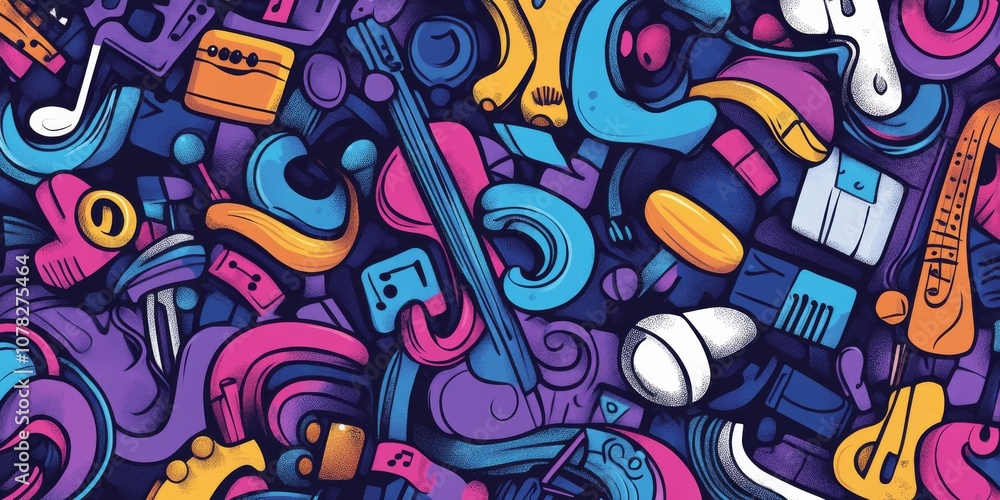 A fun, colorful poster with cartoon drawings of musical instruments and objects. Perfect for a music-themed design! A fun, colorful poster with cartoon drawings of musical instruments and objects. Perfect for a music-themed design!