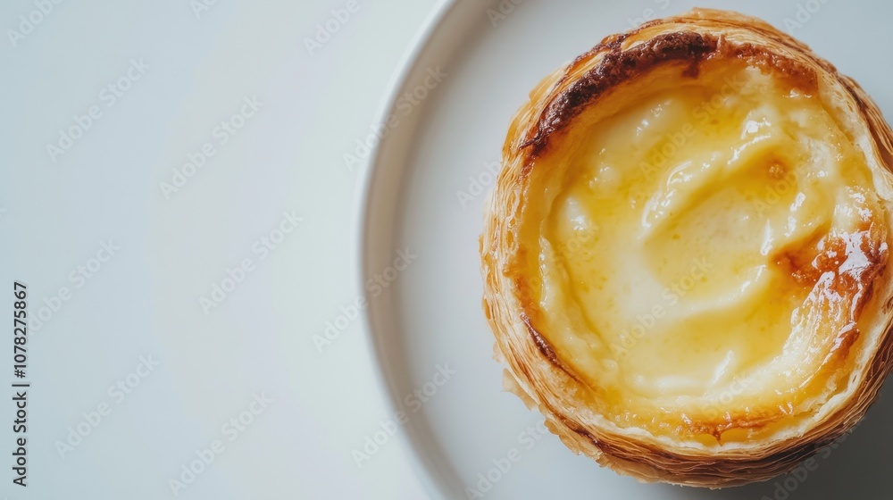 A golden pastel de nata with a caramelized custard filling rests elegantly on a white plate A golden pastel de nata with a caramelized custard filling rests elegantly on a white plate