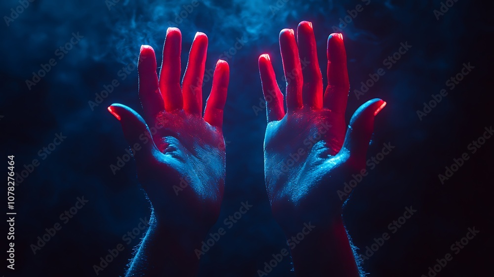 Hands illuminate in colorful light and smoke Hands illuminate in colorful light and smoke