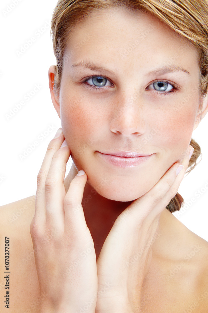 Woman, dermatology and skincare for beauty, cosmetics and natural makeup with portrait in studio. Female person, facial and clear face on white background for luxury spa, confidence and healthy skin Woman, dermatology and skincare for beauty, cosmetics and natural makeup with portrait in studio. Female person, facial and clear face on white background for luxury spa, confidence and healthy skin