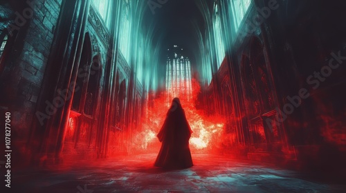 Mystical Cloaked Figure in a Gothic Cathedral Encounter photo