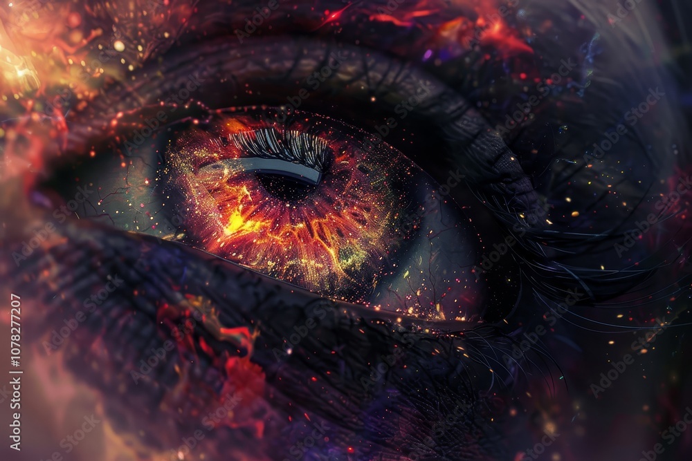 A Close-Up of a Captivating Eye With Vibrant Fiery Colors Resembling a Cosmic Scene, Showcasing Intricate Details and Textures A Close-Up of a Captivating Eye With Vibrant Fiery Colors Resembling a Cosmic Scene, Showcasing Intricate Details and Textures