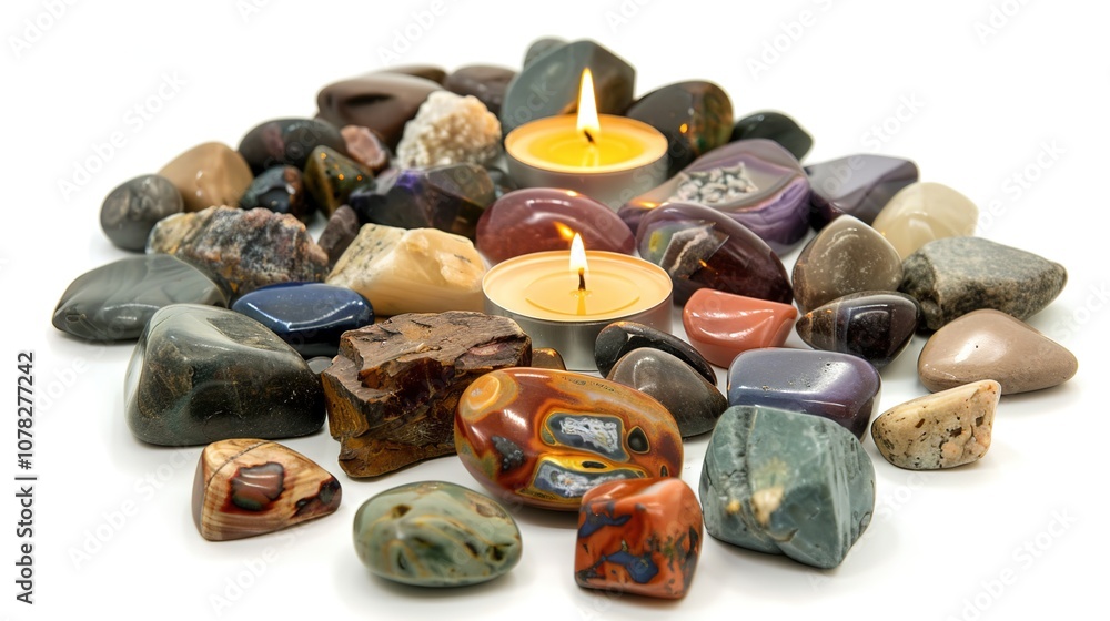 Stones and Candles - a serene and calming arrangement. The stones and candles on a white background create a tranquil and harmonious atmosphere. Stones and Candles - a serene and calming arrangement. The stones and candles on a white background create a tranquil and harmonious atmosphere.