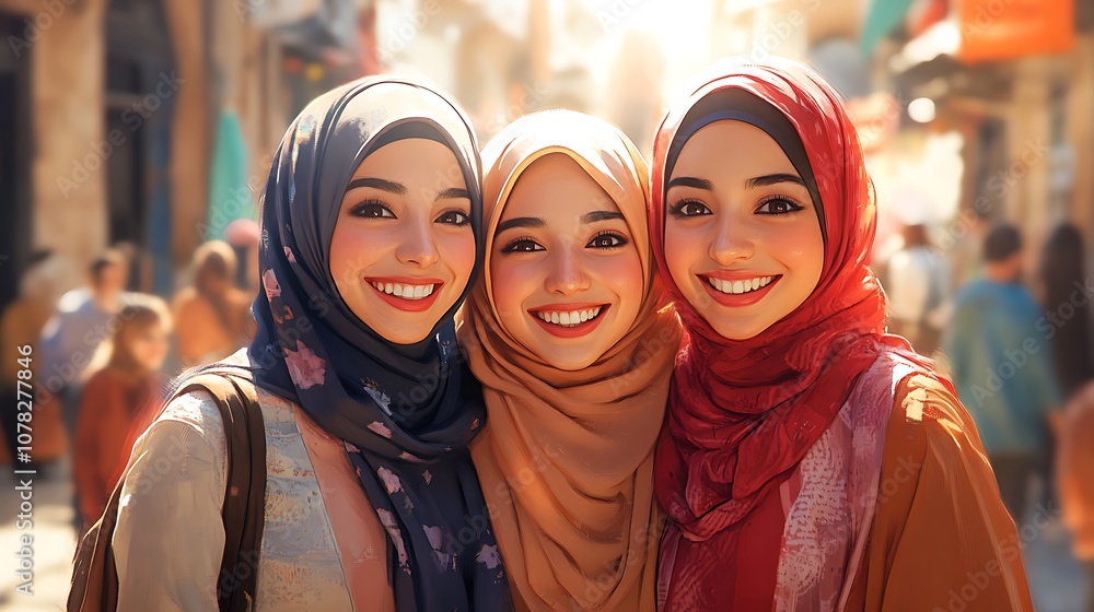 Three friends share joyful smiles in vibrant marketplace Three friends share joyful smiles in vibrant marketplace