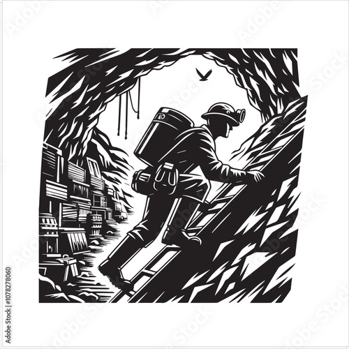 Coal Miner Ascends Rickety Mine Shaft. A vintage-style illustration of a coal miner with a pickaxe and breathing apparatus, climbing a precarious wooden staircase in a mine shaft.