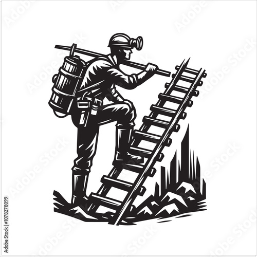 Coal Miner Ascends Rickety Mine Shaft. A vintage-style illustration of a coal miner with a pickaxe and breathing apparatus, climbing a precarious wooden staircase in a mine shaft.