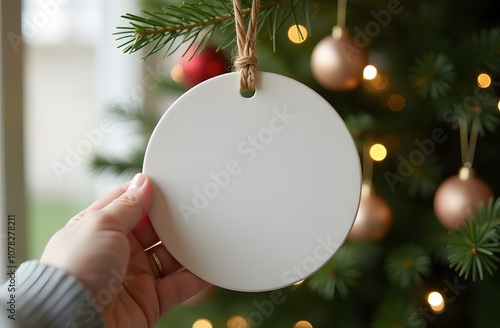 Closeup of round Christmas Ornament hanging merrily from a lit up Christmas tree. Circle Christmas ornament on the Christmas lights background. Ceramic Christmas decoration. photo