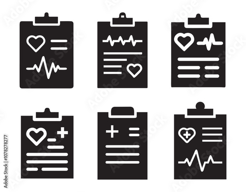 Medical report silhouette vector icon set.