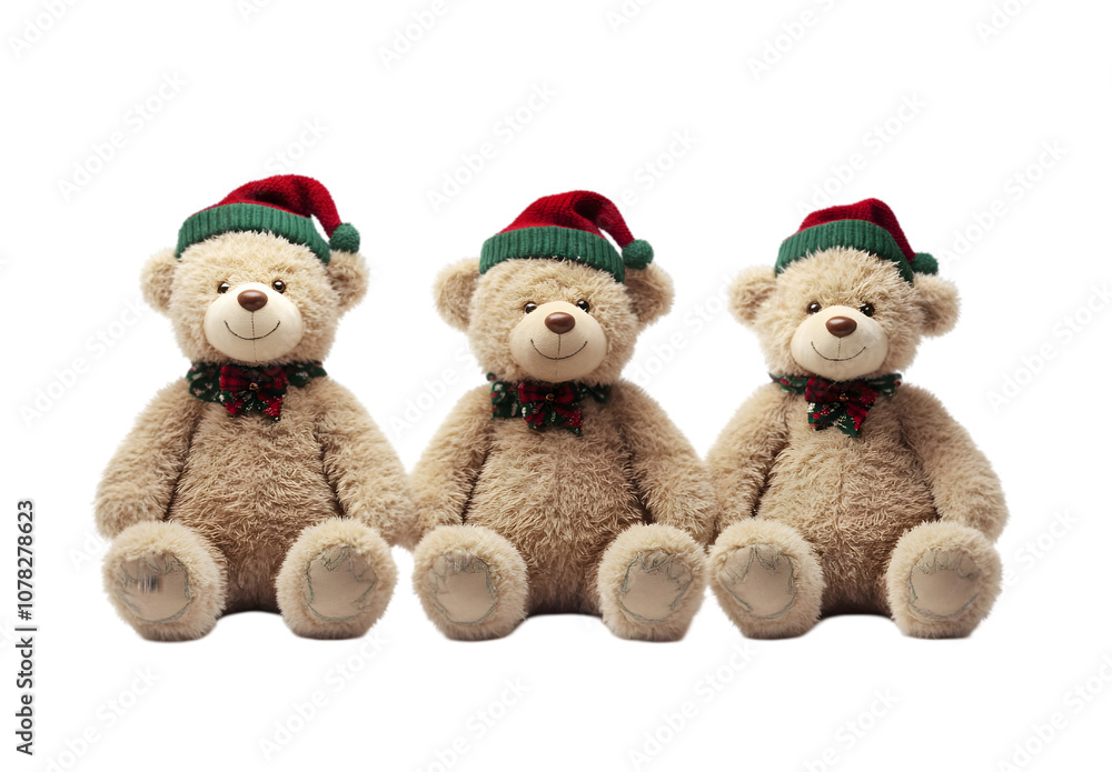 Three teddy bears wearing Santa hats isolated on transparent background. png. Three teddy bears wearing Santa hats isolated on transparent background. png.