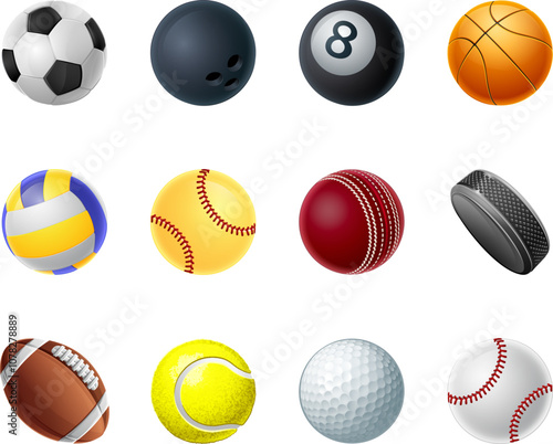 Sport ball icon set. Sport balls include soccer, baseball, tennis and volleyball. As well as golf, pool, cricket and football. Along with softball, basketball, bowling and a hockey puck.