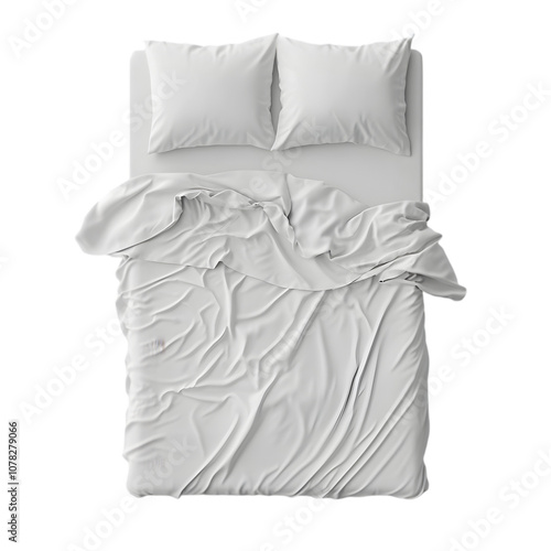 White bed with messy sheets on transparent background, png.