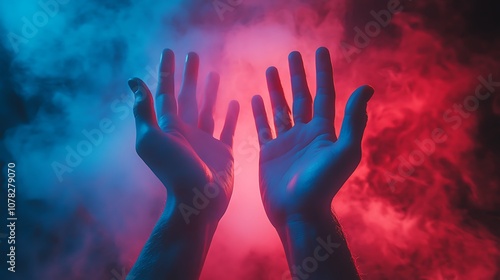 Hands reach for light amidst colorful smoke