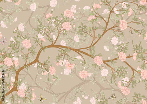 Blossom trees with flowers and butterflies. Seamless pattern, background. Vector illustration. In Chinoiserie, japandi, botanical style